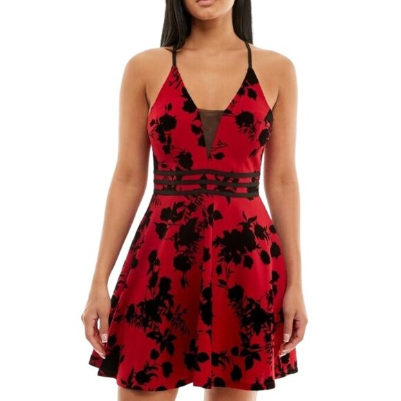 NEW Speechless Juniors Illusion Neckline Mini Fit & Flare Mini Dress Red Size 13 - Picture 1 of 13